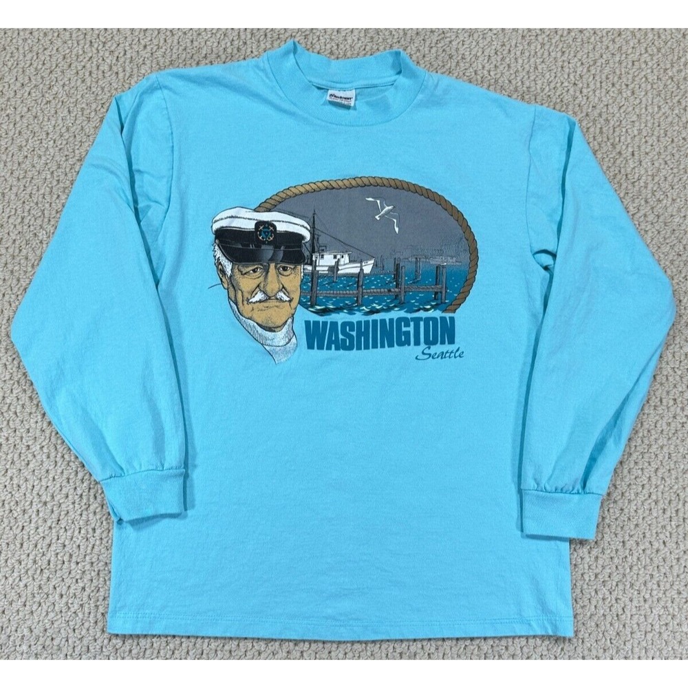 Vtg Stedman Super Hi Cru TShirt Men Blue L Seattle Fisherman Long Sleeve USA 80s